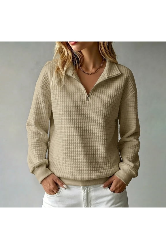 Womens Solid Color Waffle Texture Quarter Zip Stand Collar Long Sleeve Pullover Sweatshirt, Loose No Hood Waffle Weave Quarter Zip Pullover Women, Soft Breathable Top for Fall Winter Spring Khaki