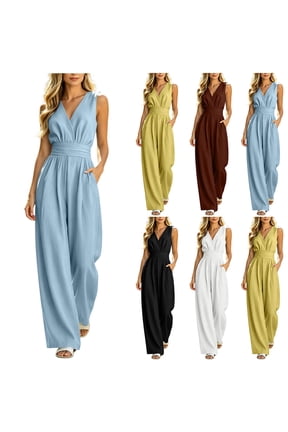 Womens Solid Color Wide Leg Jumpsuit with Zipper Pockets, Elastic Waist Loose Fit Long Pants, Casual Dressy Outdoor Fashion Trousers | VerBelle,White 2XL