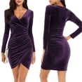 thumbnail image 1 of Womens Solid Color Wrap V Neck Long Sleeve Velvet Bag Hip Ruched Cocktail Party Dress, 1 of 6