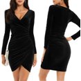 thumbnail image 1 of Womens Solid Color Wrap V Neck Long Sleeve Velvet Bag Hip Ruched Cocktail Party Dress, 1 of 6