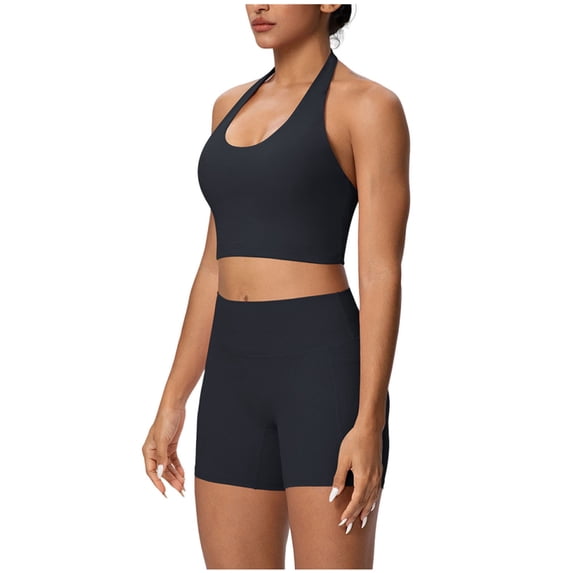 Womens Solid Color Yoga Sets 2 Piece Workout Outfit Set High Waist Exercise Shorts with Sport Bra Gym Active Yoga Pilates Outfits