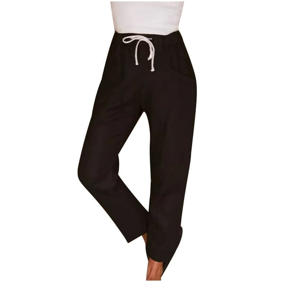 Womens Solid Cotton Linen Cropped Pants Elastic Waist with Drawstring Casual Loose Comfy Lounge Pants with Pockets