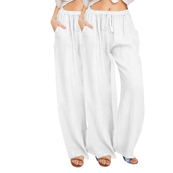 Womens Solid Cotton Linen Pants 2pc Casual Baggy Fall Lounge Trousers Loose Fit High Waist Drawstring Pj Pants With Pockets