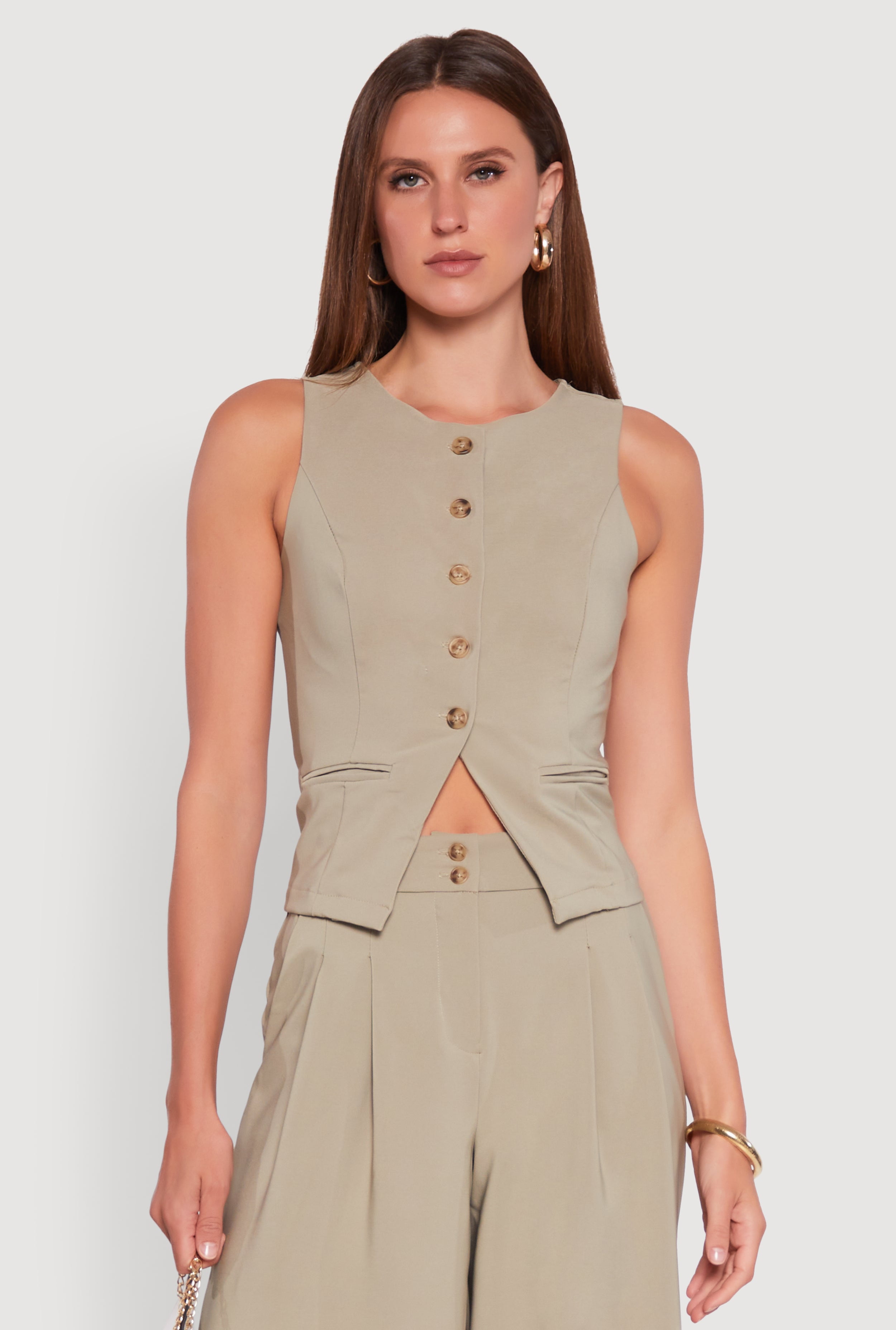 Womens Solid Crepe Knit Button Front Blazer Vest