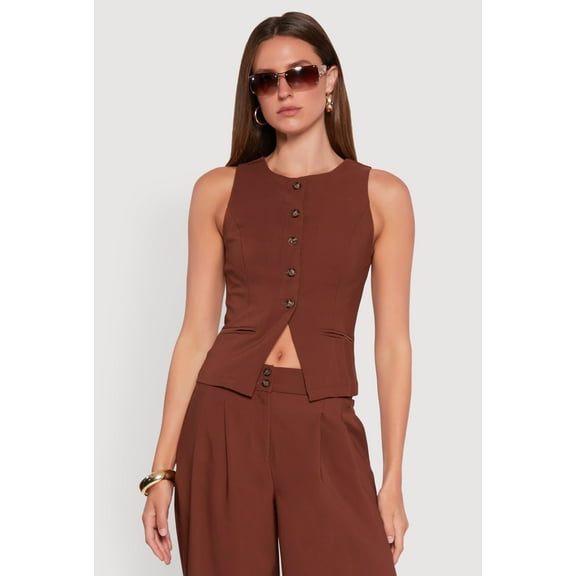 Womens Solid Crepe Knit Button Front Blazer Vest