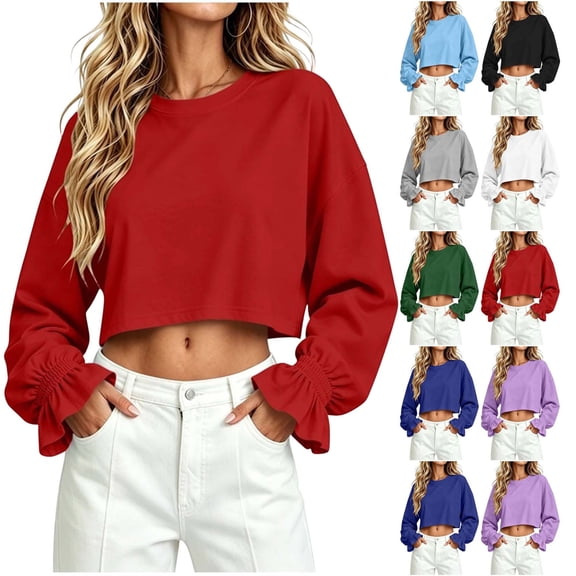 Womens Solid Cropped Crewneck Red Top Sevevn Drop Shoulder Long Sleeve Blouse With Ruffled Cuffs Casual Daily Outfit