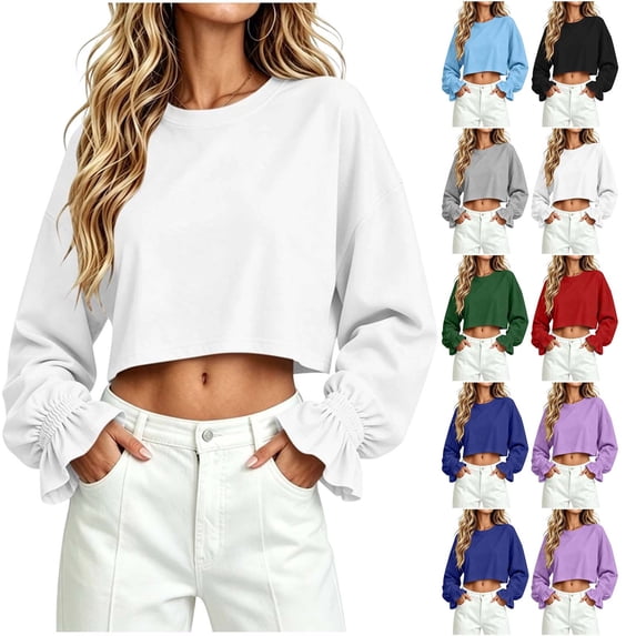 Womens Solid Cropped Crewneck Top Sevevn Drop Shoulder Long Sleeve Blouse With Ruffled Cuffs Casual Daily Outfit