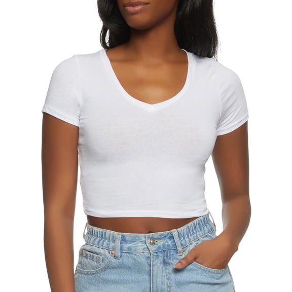 Womens Solid Cropped V Neck Tee