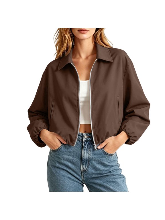 Womens Solid Cropped Zip Up Lapel Collar Jacket Long Sleeve Elastic Cuff Hem Coat Minimalist Casual Outerwear for Fall Winter Wear