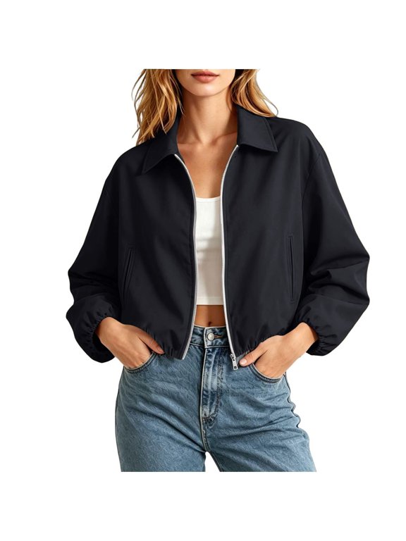 Womens Solid Cropped Zip Up Lapel Collar Jacket Long Sleeve Elastic Cuff Hem Coat Minimalist Casual Outerwear for Fall Winter Wear