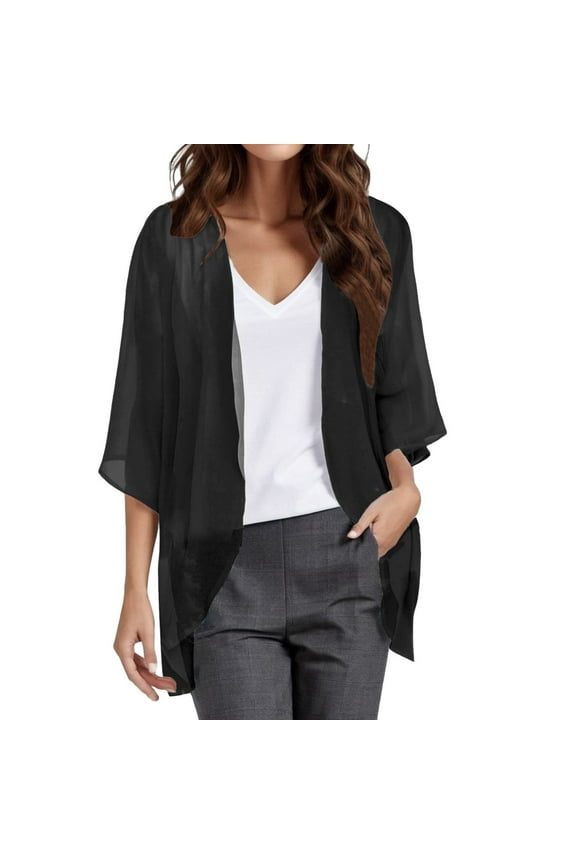 Womens Solid Elegant Puff Sleeve Cardigan Loose Cover Up Casual Blouse Tops