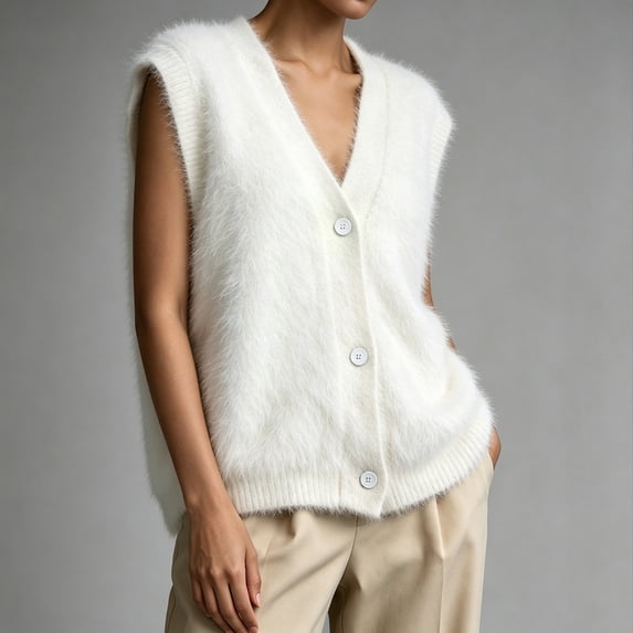 Womens Solid Fuzzy Knit Vest V Neck Button Front Sleeveless Cardigan Loose Fit Knitted Waistcoat Casual Layering Sweater Vest White S
