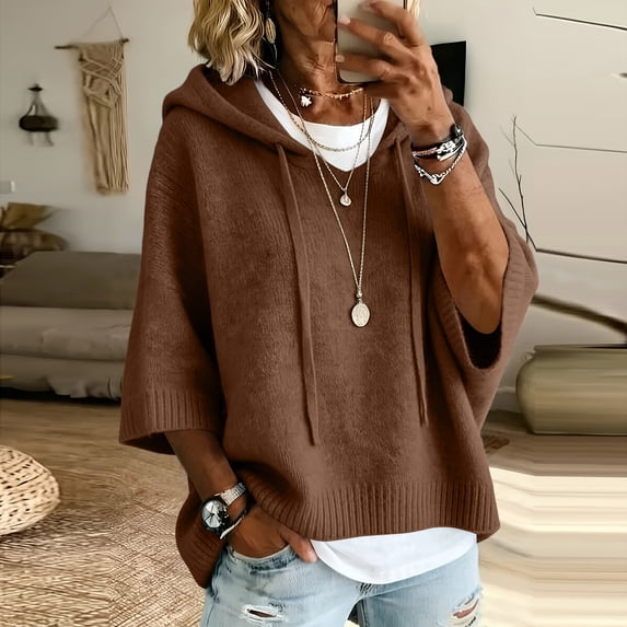 Womens Solid Hooded Knit Pullover Sweater, Drawstring 3/4 Batwing Sleeve Oversized Loose Ribbed Knitted Drop Shoulder Soft Comfy Winter Trendy Outfit