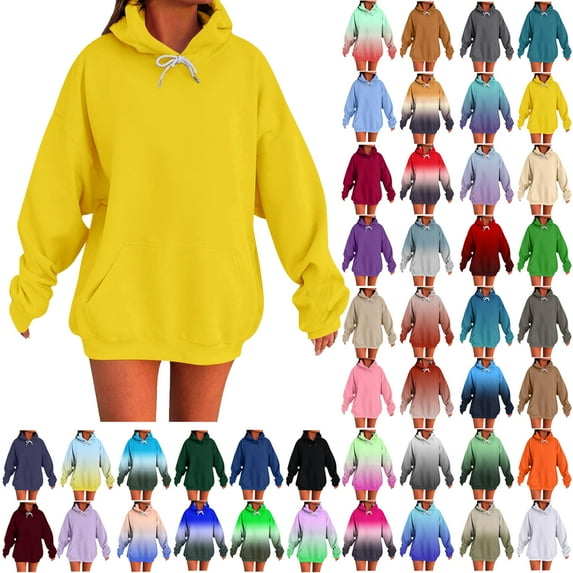 Womens Solid Hoodies Fall Fashion Casual Long Sleeve Hooded Sweatshirts Loose Comfy Trendy Pullover Tops with Pockets Solid Color Round Neck Loose Hooded Sweatshirts A Yellow 2XL