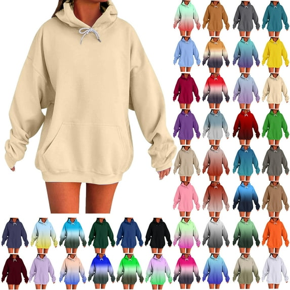 Womens Solid Hoodies Fall Fashion Casual Long Sleeve Hooded Sweatshirts Loose Comfy Trendy Pullover Tops with Pockets Solid Color Round Neck Loose Hooded Sweatshirts A Beige M