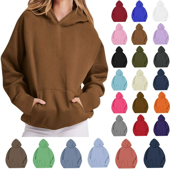 Womens Solid Hoodies Fall Fashion Casual Long Sleeve Hooded Sweatshirts Loose Comfy Trendy Pullover Tops with Pockets