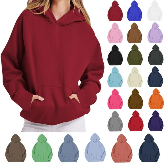 Womens Solid Hoodies Fall Fashion Casual Long Sleeve Hooded Sweatshirts Loose Comfy Trendy Pullover Tops with Pockets