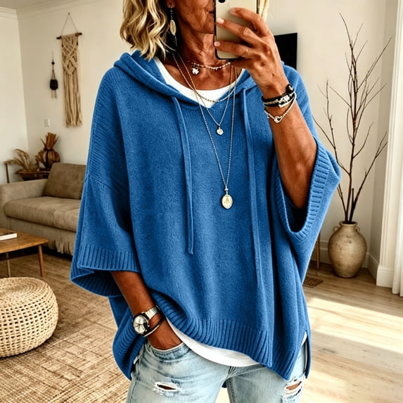 Womens Solid Hoodies Sweater 3/4 Sleeves Drawstring Loose Knit Pullover Sweater