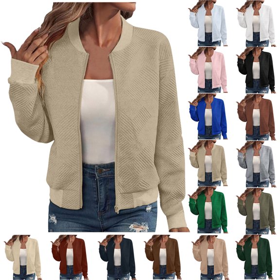 Womens Solid Jackets Zipper Long Sleeve Tops Thin Coat Casual Fall Daily Outwear With Pockets