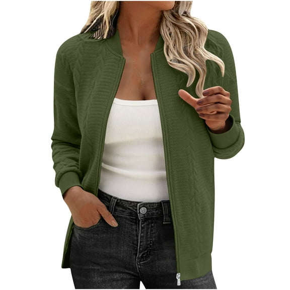 Womens Solid Jacquard Jackets Full-Zip Long Sleeved Blazer Athletic Stretch Solid Basic Varsity Jackets Comfort Casual Sweatshirt Wind Resistant Windbreaker Sweater Jacket