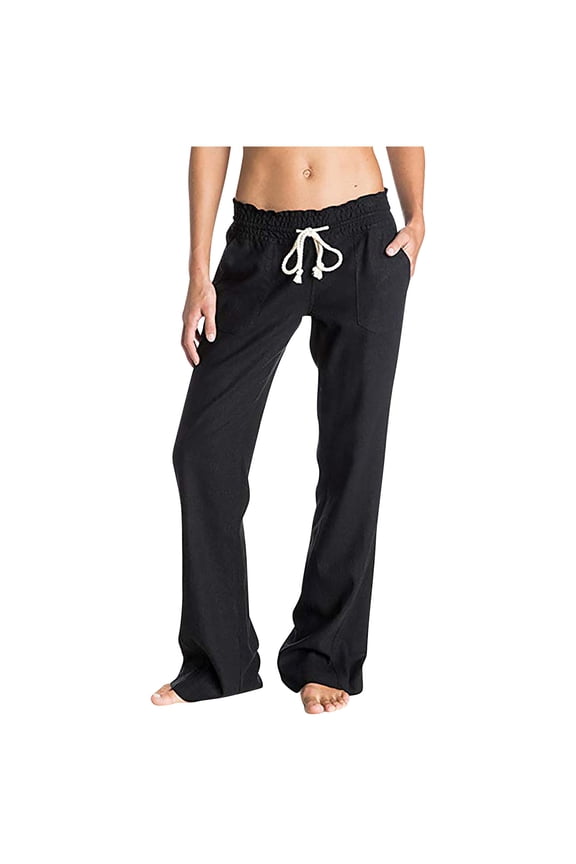 Womens Solid Linen Pants Mid Rise Drawstring Straight Long Pants Casual Loose Fit Comfy Lounge Trousers with Pockets