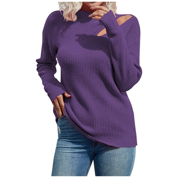 Womens Solid Long Sleeve Pullove Round-Neck Casual Sweater Tops