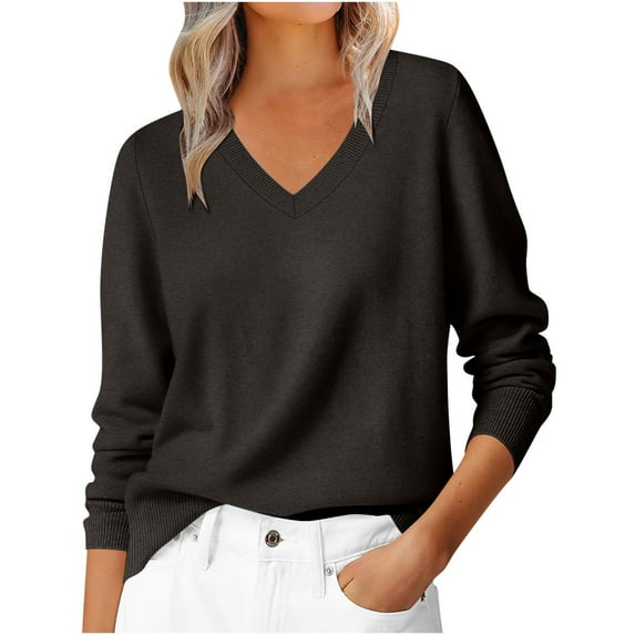 Womens Solid Long Sleeve V Neck Sweaters Fall/Spring Casual Classic Soft Loose Fit Basic Pullover Jumper Top