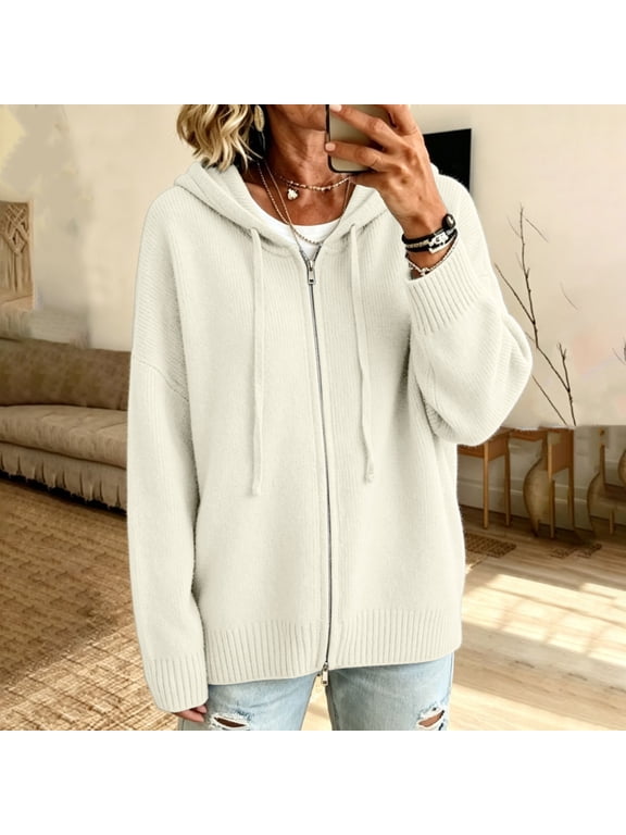 Womens Solid Loose Zip Up Knit Hooded Cardigan Drawstring Hood Long Sleeve Knitted Sweater Jacket Casual Lightweight Layering Outerwear White S