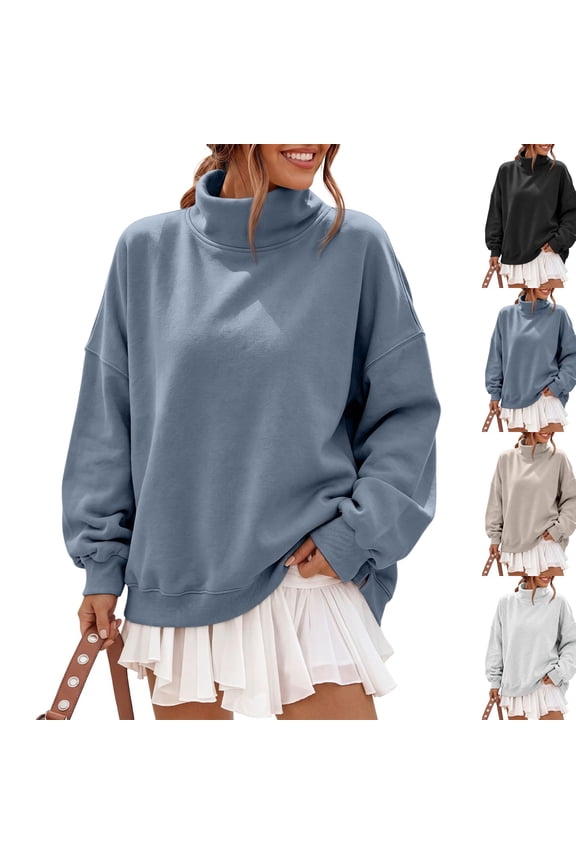 Womens Solid Mock Neck Sweatshirt Casual Oversized Bubble Sleeve Relaxed Fit Top Lightweight Warm Knit Pullover for Autumn Street Layering Blue XL