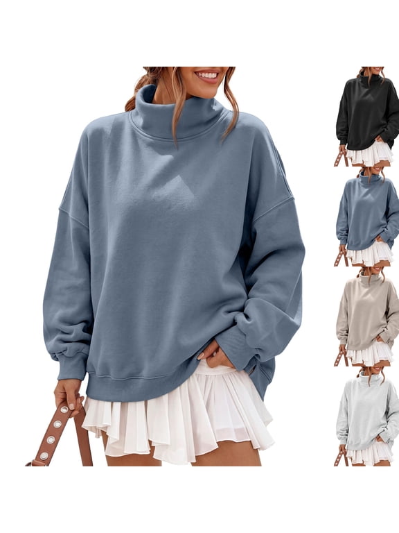 Womens Solid Mock Neck Sweatshirt Casual Oversized Bubble Sleeve Relaxed Fit Top Lightweight Warm Knit Pullover for Autumn Street Layering Blue XXL