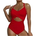 thumbnail image 1 of Womens Solid One Piece Swimsuit Tummy Control High Cut Bathing Suit Sexy V Neck Criss Cross Monikini, 1 of 6