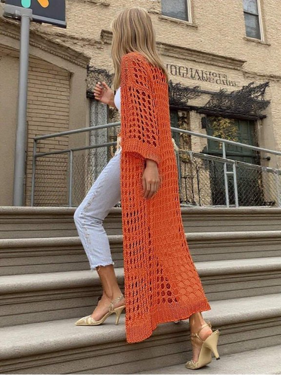 Womens Solid Orange Hollow-Out Knit Long Cardigan, Open Weave Loose Fit