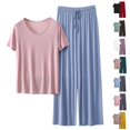 thumbnail image 1 of Womens Solid Pajama Set 2 Piece Plaid Cotton Pjs V Neck Short Sleeve Pants Cute Sleepwear Maternity Bridesmaid Pajamas Loungewear (Coffee,XXL), 1 of 4