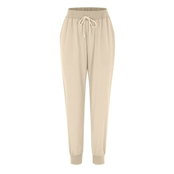 Womens Solid Pants Drawstring Elastic Waist Pants Trousers With Pocket