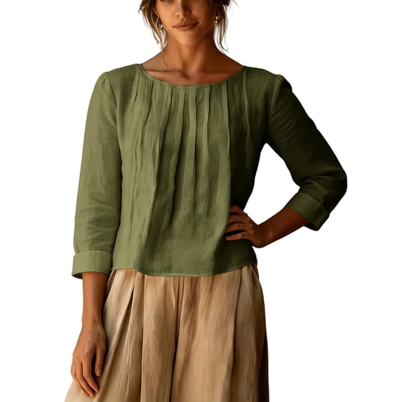 Womens Solid Pleated Crewneck 3/4 Sleeve Shirt Casual Spring Fall Y2K Vintage Comfy Basic Trendy Office Work Army Green 2XL