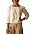 thumbnail image 1 of Womens Solid Pleated Crewneck 3/4 Sleeve Shirt Casual Spring Fall Y2K Vintage Comfy Basic Trendy Office Work Beige L, 1 of 5