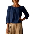 thumbnail image 1 of Womens Solid Pleated Crewneck 3/4 Sleeve Shirt Casual Spring Fall Y2K Vintage Comfy Basic Trendy Office Work Navy L, 1 of 5