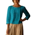 thumbnail image 1 of Womens Solid Pleated Crewneck 3/4 Sleeve Shirt Casual Spring Fall Y2K Vintage Comfy Basic Trendy Office Work Sky Blue M, 1 of 5