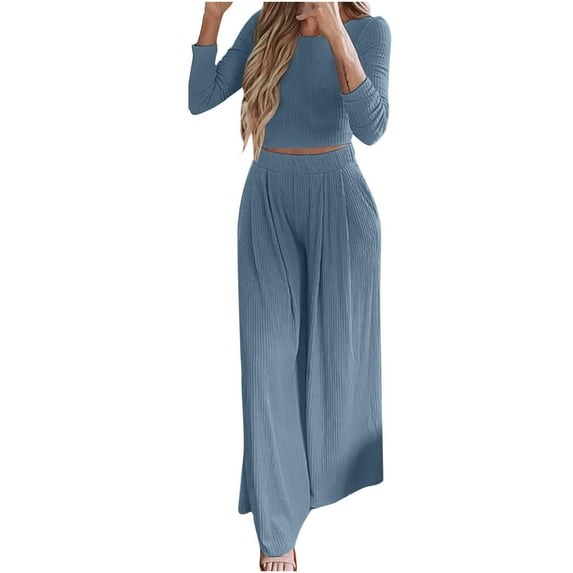Womens Solid Ribbed 2 Piece Outfits ong Sleeve Crop Top with High Waist Wide Leg Pant Suits Pajamas Sets Loungewear