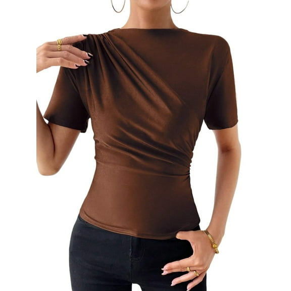 Womens Solid Ruched Tee Short Sleeve Summer Blouse For Women