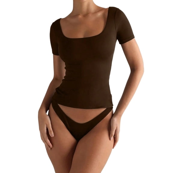 Womens Solid Short Sleeve Square Neck T Shirt Summer Blouse For Women