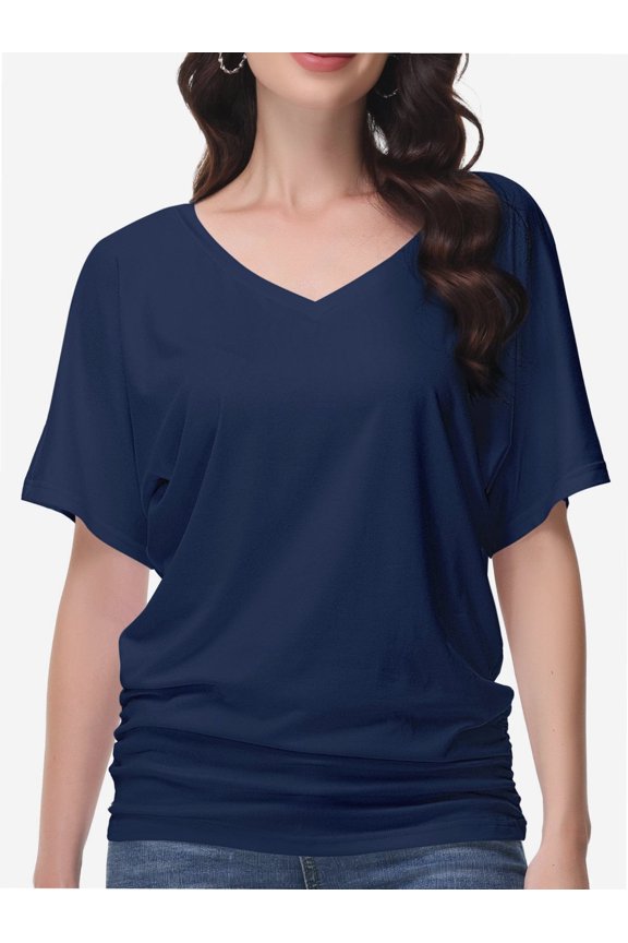 Womens Solid Short Sleeve V-Neck Boat Neck Dolman Top with Side Shirring Drape Tunic