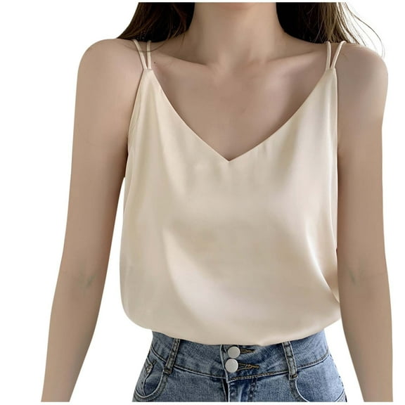 Womens Solid Silk Satin Camisole V Neck Spaghetti Strap Sleeveless Cross Back Blouse Casual Summer Cami Shirt Summer Going Out Smoothing Soft Tops