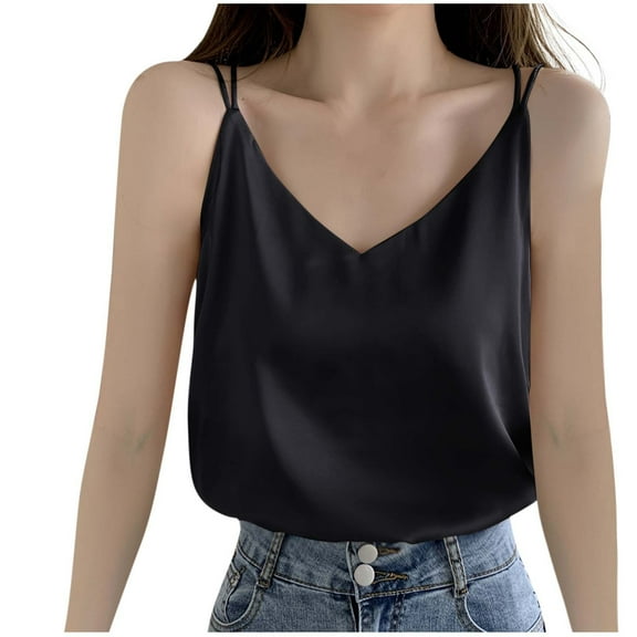 Womens Solid Silk Satin Camisole V Neck Spaghetti Strap Sleeveless Cross Back Blouse Casual Summer Cami Shirt Summer Going Out Smoothing Soft Tops