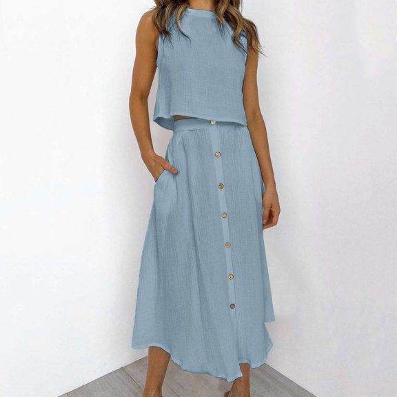 Womens Solid Sleeveless Top Button Skirt Leprosy Two Piece Long Dress Set Womens Dress Suits plus Size Winter Dresses Prom Women's Bathing Suit Bottoms Long Gown Dress Women Woman Skirts plus Size
