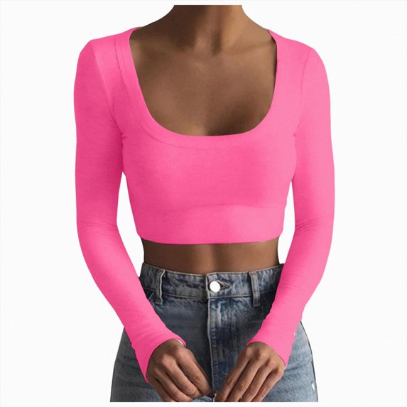 Womens Solid Square Neck Ribbed Long Sleeve Crop Top,Slim Fit Basic Tee