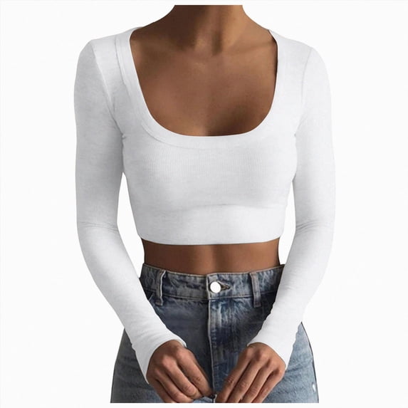 Womens Solid Square Neck Ribbed Long Sleeve Crop Top,Slim Fit Basic Tee
