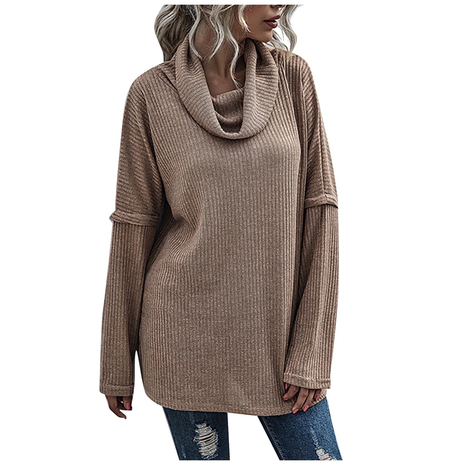 Womens Solid Sweaters Cowl Neck Long Sleeve Knit Pullover Oversized Loose Casual Sweatshirt Jumper Tops