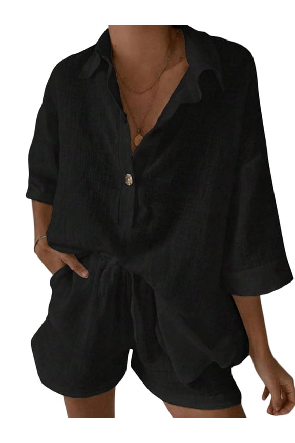 Womens Solid Three Button Short Sleeve Shirt and Wide Leg Drawstring Shorts Two Piece Set Black S
