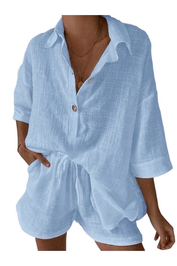 Womens Solid Three Button Short Sleeve Shirt and Wide Leg Drawstring Shorts Two Piece Set Blue S